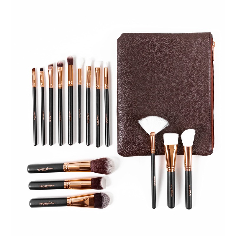 15 Piezas de Brochas con Bolsa Cosmética para Maquillaje (Cafe-Golden)
