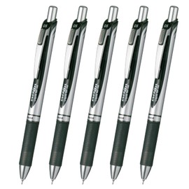 Pentel Ballpoint Pen, Gel Ink EnerGel, Retractable, 0.5mm, Silver Barrel, XBLN75ZA, Black, Set of 5