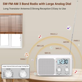 DreamSky AM FM Radio Portable - Shortwave Radio Battery Powered or Plug in Wall for Home Outdoor, Strong Reception, Large Dial Easy to Use, Digital Time Display, Transistor Antenna, Seniors Small Gfit