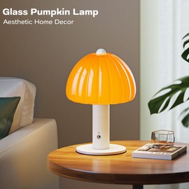 FANHAO Glass Pumpkin Light Touch Bedside Table Lamp, 3-Color Dimmable, Portable 4000mAh Cordless Rechargeable Small Lamp for Bedroom Dorm Living Room, Festival, Home Decor & Aesthetic Gift