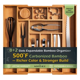 Carbonized Bamboo Kitchen Drawer Organizer, 8-10 Slots Expandable Silverware Organizer, Utensil Holder & Cutlery Tray, 2.2" Deep for Extra Capacity, Non-Slip Feet Included.
