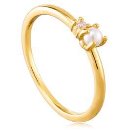 Kenivira 14K Gold Rings for Women Pearl Ring, Thin Gold Plated CZ Ring Dainty Stacking Stackable Thumb Band Comfort Fit Size 8