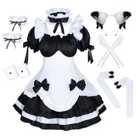 Anime French Maid Lolita Fancy Queen Princess Dress Cosplay Costume Furry Cat Ear Gloves Socks set（Black L）