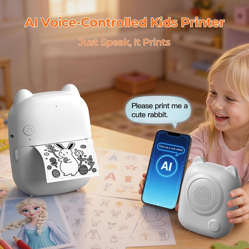 RayCue Printy AI Mini Voice-Control Printer, Kid-Safe AI Sticker Printer
