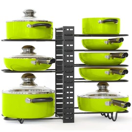 GOODGRABS 8-Tier Adjustable Pot and Pan Organizer Rack, Black, Heavy-Duty Kitchen Storage Solution for Pots, Pans, and Lids, Freestanding or Wall-Mount Use