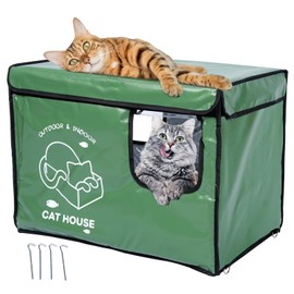 Cat House Outdoor with Two-Sided Escape Door, Insulated and Waterproof, Outside Weatherproof Feral Cat Shelter for Winter, Oxford Cloth Upgraded (Green, L)