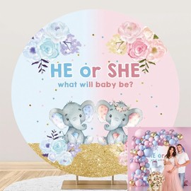 OERJU 7.2x7.2ft Elephant Gender Reveal Round Backdrop Pink or Blue Boy or Girl Photography Background He or She What Will Baby Be Floral Newborn Baby Shower Party Decoration Banner Photo Studio Props