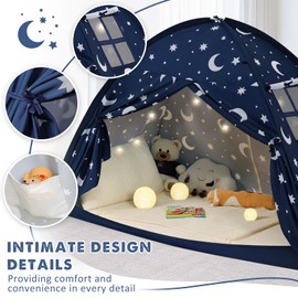 PIIKAGO Twin Bed Tent for Kids, Twin Size Bed Canopy with Star Lights, Privacy Space Blackout Sleeping Tents, Indoor Breathable Portable Floor Bed Tent for Boys and Girls, Dark Moon & Stars