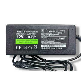 Power Supply 12 Volt 5A 60 Watt Connector 5.5 x 2.1 Positive Center Replacement Modem Cameras DVR PC etc Protected Plastic