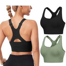 HANERDUN Sports Bra Strong Hold Women's Adjustable Straps Yoga Bra with Padded Seamless Without Underwire Wide Straps Racerback for Fitness Running Jogging, 2 Pieces(Black) + Green