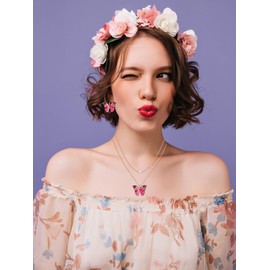 Butterfly Earrings Necklace Set for Women Butterfly Jewelry Gifts for Teen Girls Purple Butterfly Pendant Necklace Butterfly Wing Earrings (RED)