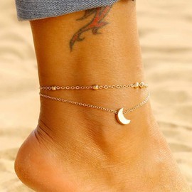 Yheakne Boho Layered Moon Ankle Bracelet Gold Satellite Chain Anklet Bracelet Vintage Crescent Anklet Chain Personlized Summer Foot Chain Jewelry for Women and Girls Gifts