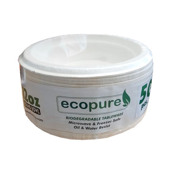 Eco-Pure Bowl Disposable Tableware Sugarcane Bagasse Strong (12 oz Bowl). 50 pcs per Pack