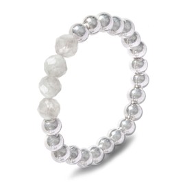 happymaker - Silberringe Damen 925 Mondstein, Silber Perlen mit Edelsteinperlen auf elastischem Band, Mondstein Ring Frauen, Silber Schmuck