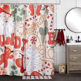 Estmy Cute Cowboy Christmas Fabric Shower Curtain Sets, Groovy Howdy Xmas Rodeo Wild West Santa Claus Gingerbread Holiday Bathroom Shower Curtains Retro Aesthetic Christmas Bathroom Decorations