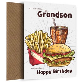 Grandson Birthday Card for Child or Adult - Takeaway Burger Fries Drink - Happy Birthday on 10th 11th 12th 13th 16th Birthday - Any Age Bday Card for Grandson