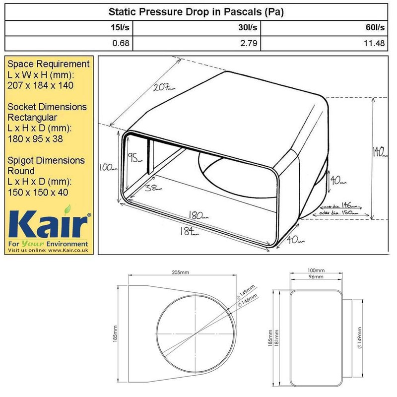 Kair Elbow Bend Adaptor 180mm x 90mm to 150mm -