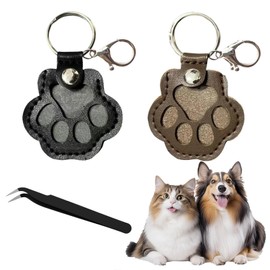 SSJkeji Dog Hair Collector Keyring with Press Stud - Leather Pet Hair Storage Pendant as Pet Memory Box Fur Keepsake Hanging Paw Design (Black+Brown)