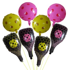 6 Pcs Pickleball Party Balloons - 2 Yellow & 2 Pink Pickleball Foil Balloons, 4 Racket Balloons for Sports Birthday Decor, Game Day Party Supplies, Baby Shower Decorations
