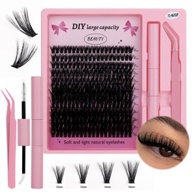 Lash Clusters Kit Eyelash Clusters Individual Lash Extension Kit 240 Pcs D Curly Cluster Lashes DIY Eyelash Extension Kit with Lash Bond and Seal Tweezers Brushes(6D Kit 10-16mm)