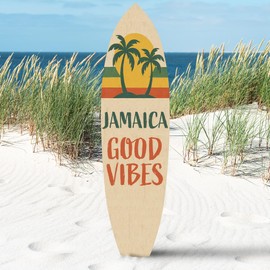 Outdoor Surfboard Wall Art Jamaica Good Vibes Sign with Sunset and Palm Trees, Beach House Tropical Coastal Decor Weatherproof PVC, 4 Foot