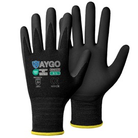 KAYGO Safety Work Gloves MicroFoam Nitrile Coated, 3 Pairs KG18NB,Seamless Knit Nylon Glove with full fingers Touchscreen, Ideal for Automotive,Warehouse,Construction (L, Black)