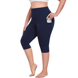 Plus Size Leggings with Pockets, Navy Blue Capris for Women, Knee Length Yoga Pants Tummy Control, High Waist Stretch Workout Clothes for Gym 4X