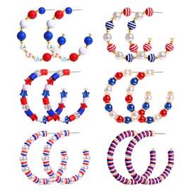 6Pairs American Flagp Earrings Pearl Hoop Earrings 4th of July Patriotic Red White Blue Hoop Earrings Clay Beaded Resin Bubblegum Hoop Earrings for 4th of July Patriotic Accessories(6Pairs)