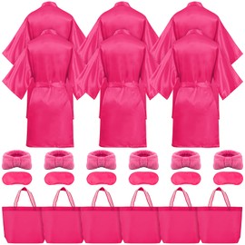 24Pcs Girls Spa Party Robes, 6 Spa Party Robes 6 Handbags 6 Headbands 6 Eye Masks for Birthday Party (Rose Red Style, Size 8)