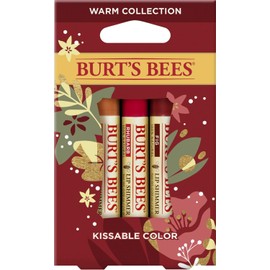 Burt's Bees Kissable Color - Juego de regalo navideño, 3 brillos de labios en caja de regalo festiva, colección cálida en peonía, higo y ruibarbo