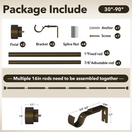 IFELS Heavy Duty Curtain Rods for Windows 48 to 84 Inch, 1 Inch Bronze Window Curtain Rod for Bedroom, Living Room, Outdoor, Adjustable Easy Install Curtain Rods, Modern Elegant(A1,Bronze,30"-90")