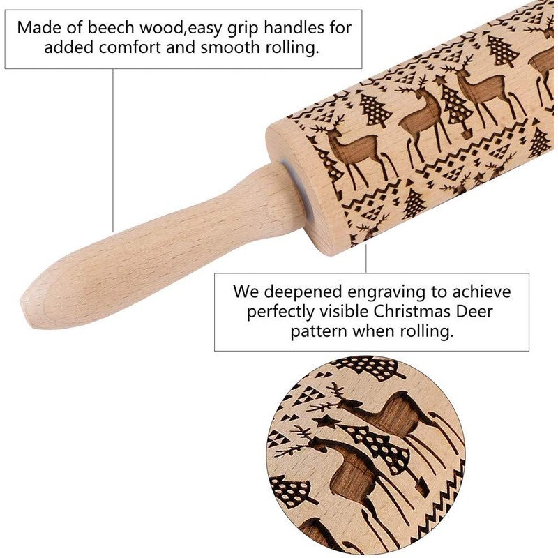 Christmas Wooden Rolling Pins, Xmas 3D Reindeer Shape Decor Embossing