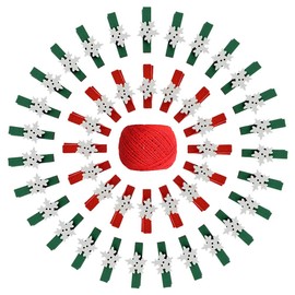 Christmas Mini Wooden Pegs 50 Snowflake Colored Wooden Cloth Pegs Clothpins Photo Clips and 25M/82FT Natural Jute Twine, Mini Photo Pegs Clips Craft for Holding Photo Paper Craft and DIY Decoration