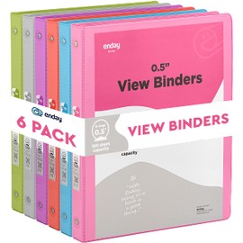 ½ Inch 3 Ring Binder, 5 Inch Round Ring Clear View Cover with 2 Inside Pockets Binders, Colored School Supplies Binders in Grey, Pink, Blue, Purple, Green and Red, Multicolor (6 PC) – by Enday
