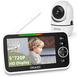 OKAIDI 5" HD Baby Monitor with Camera and Audio, 720P Display Baby Monitor, 5000mAh Battery, Remote Pan-Tilt, 3X Zoom, Night Vision, 2-Way Talk, Temperature,Lullabies,1000ft Range Baby Monitor No WiFi