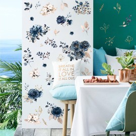 RAINBOW WSK Blue Peony Flower Wall Decals Peel and Stick Rose Leaf Botanical Wall Stickers Removable Vinyl Wall Decor for Girls Room Bedroom Living Room Bathroom SP-S0255