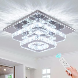 FRIXCHUR Dimmable Crystal Chandelier Ceiling Light with Remote Square Led Flush Mount Small Chandelier for Dining Room Kitchen Wedding Hallway Foyer,9.8"
