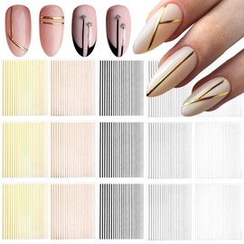 Kifmurase 15Pcs Gold Silver Lines Nail Art Stickers Decals 3D Golden French Manicure Strips Self-Adhesive Nails Art Decorations Supplies Geometric Waved Stripe Tape Manicure Sliders for Women DIY