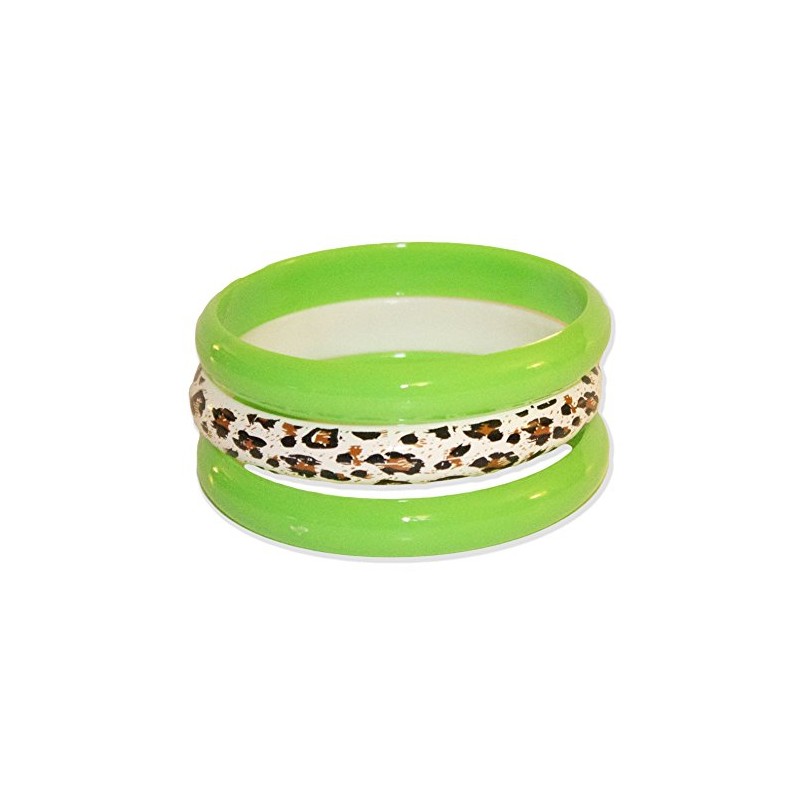3 Pack Bangles w/Cheetah Print 80s Style Bracelets (Neon Green)