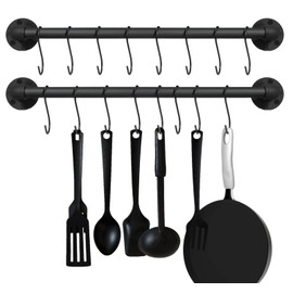 EGASON 21 inch Pot Pan Bar Rack Wall Mounted Set of 2 with 16 Hooks Industrial Pipe Pot Hanger Rustic Iron Pan Hanging Rail Pipe Towel Holder Kitchen Utensil Organizer Black