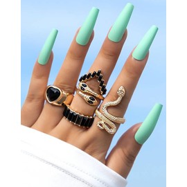 5Pcs Snake Rings Set for Women Heart Multicolor Knuckle Vintage Rings Boho Crystal Stacking Finger Rings for Girls Jewelry (Black)
