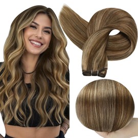 Full Shine Hair Extensions Real Human Hair 22 Inch Weft Hair Extensions Human Hair Sew In Extensions Remy Straight Hair For Women Machine Weft Extensions Color Brown Highlight Blonde 105G
