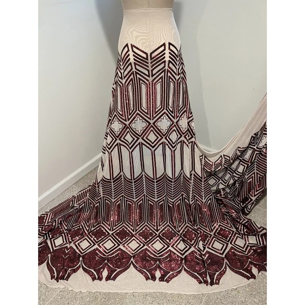 wowfabric4less123 BURGUNDY Sequins On GOLD 4way stretch Mesh fabric 50”