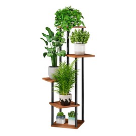 AZERPIAN Plant Stand 5 Tier Indoor Metal Flower Shelf for Multiple Plants Corner Tall Flower Holders for Patio Garden Living Room Balcony Bedroom, Walnut (5 Tier-Walnut)