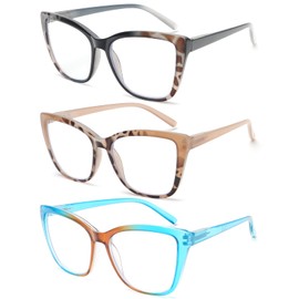 DXYXYO Oversized Reading Glasses for Women, 3 Pack Big Cat Eye Blue Light Blocking Readers with Spring Hinge 3.0 Leopard+Brown+Blue