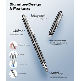 128GB (9800Hrs) Voice Recorder w/Type-C, Audio Recording Device with AI-Intelligent Noise Reduction, Digital Voice Activated Recorder 180 Days Storage Capacity for Lectures, Class, Work, Interviews