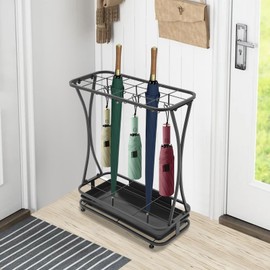 SanBouSi 18 Slots Metal Umbrella Holder for Entryway, Umbrella Stand Indoor with a Detachable Drip Tray, 20 Hooks, for Umbrellas Canes Walking Sticks