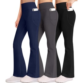 AENLLEY Girl Yoga Flare Wide Leg Tummy Control Stretchy Pants for Causal with Pockets 3 Pack Black/Grey/Navy