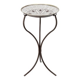 Napco Flower Tile Pattern Bird Bath Feeder 28 x 14.5 inches White and Bronze Sculpted Metal Collectible Free-Standing Statue Sculpture, Indoor Outdoor Garden Décor