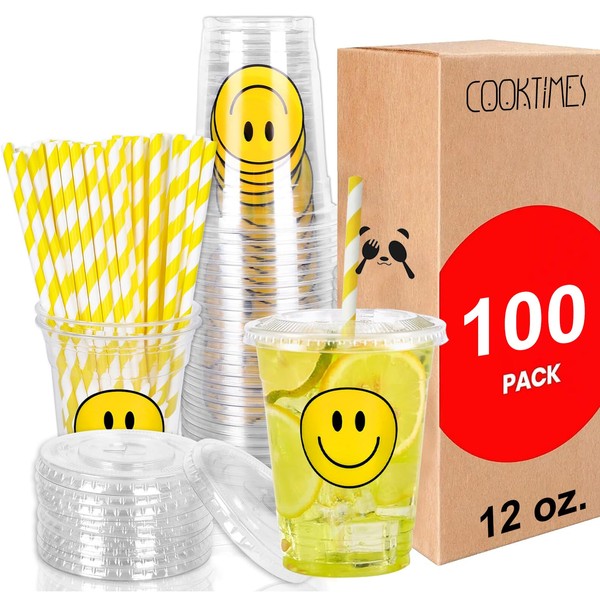 100 Sets Clear Plastic Cups with Flat Lids and Paper